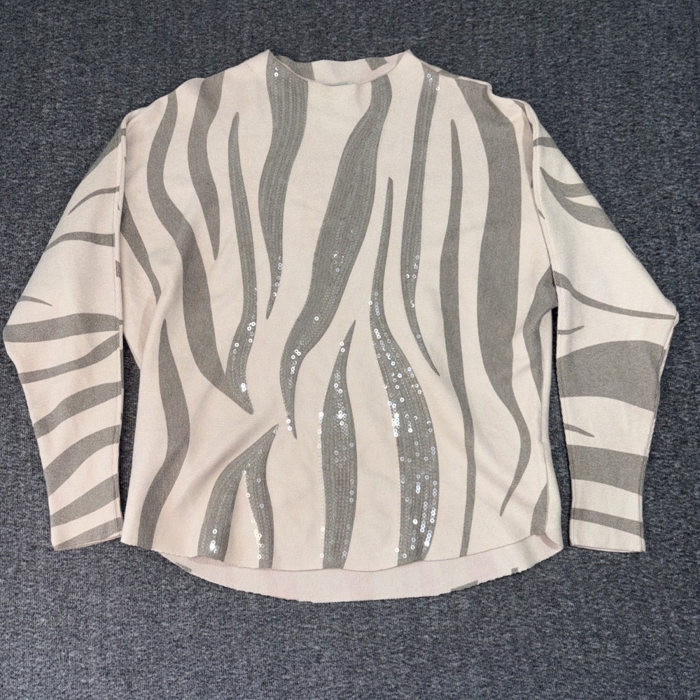 Sioni Beige & Olive Green with Sequins Crew Neck Sweater Top Long Sleeve Knit M